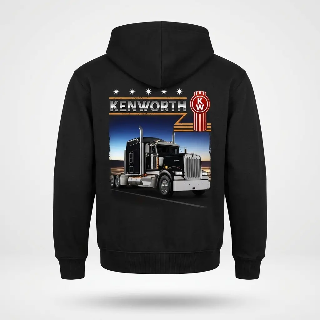 Vintage Kenworth Semi Truck Driver T-Shirt 2 Black hoodie back flat lay, showcasing the vintage Kenworth semi-truck graphic, highway scene, 'KENWORTH' text, and classic logo.