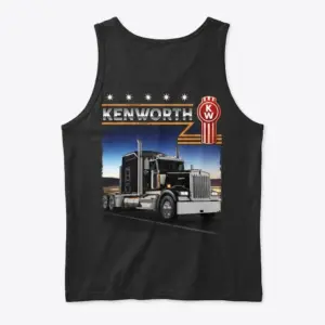Vintage Kenworth Semi Truck Driver T-Shirt 8 Black tank top back flat lay, featuring a vintage Kenworth semi-truck design on a road at dusk, alongside the brand name and classic logo.