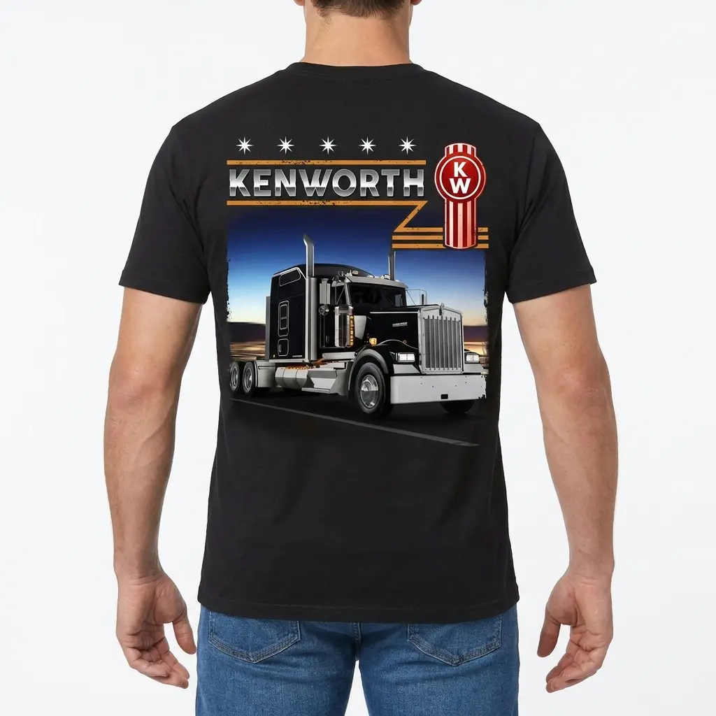 Vintage Kenworth Semi Truck Driver T-Shirt 4 Man from behind wearing the black Kenworth semi-truck driver t-shirt, showcasing the vintage truck design with 'KENWORTH' text and logo.