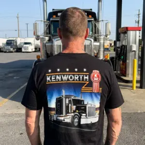 Vintage Kenworth Semi Truck Driver T-Shirt 10 Vintage Kenworth semi-truck t-shirt design, celebrating road life and classic trucking pride in a relaxed setting.