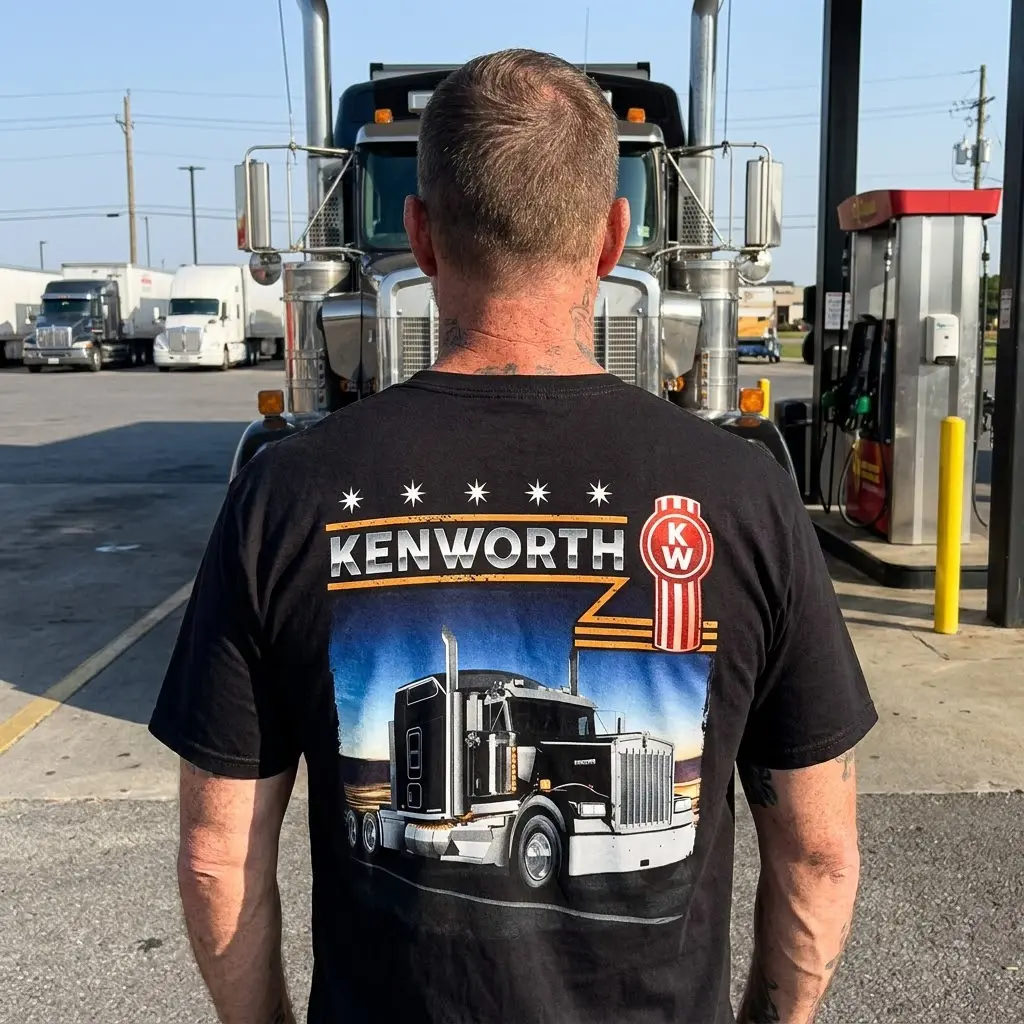 Vintage Kenworth Semi Truck Driver T-Shirt 5 Vintage Kenworth semi-truck t-shirt design, celebrating road life and classic trucking pride in a relaxed setting.