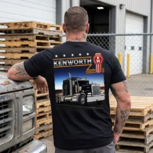 Vintage Kenworth Semi Truck Driver T-Shirt 11 The Kenworth semi-truck graphic on the t-shirt, highlighting its vintage heavy-duty feel, ideal for blue-collar men.