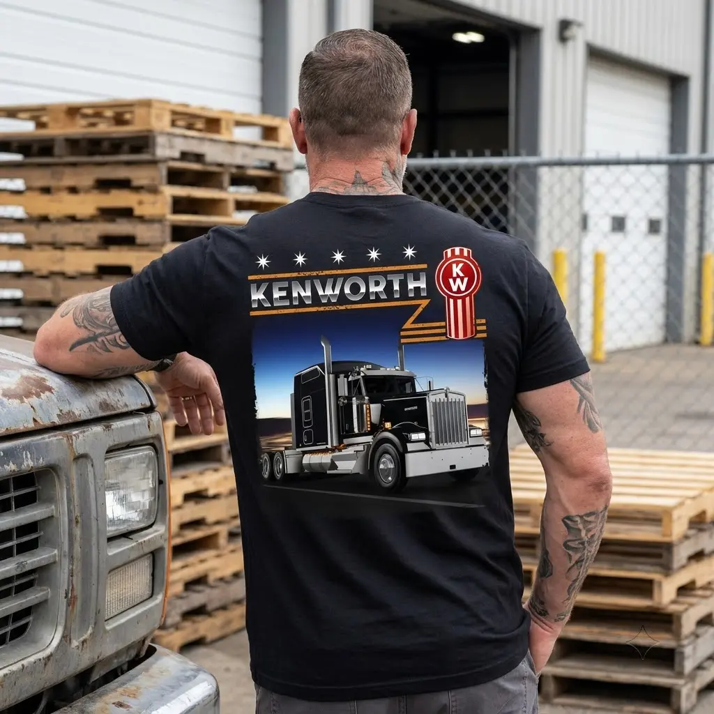 Vintage Kenworth Semi Truck Driver T-Shirt 6 The Kenworth semi-truck graphic on the t-shirt, highlighting its vintage heavy-duty feel, ideal for blue-collar men.