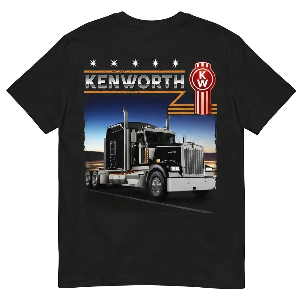 Vintage Kenworth Semi Truck Driver T-Shirt 1 Black t-shirt back flat lay, featuring a vintage Kenworth semi-truck on a highway at dusk, with 'KENWORTH' text and iconic logo.