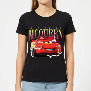 Vintage Lightning McQueen Graphic T-Shirt 9 Detailed view of Lightning McQueen design on black T-shirt.