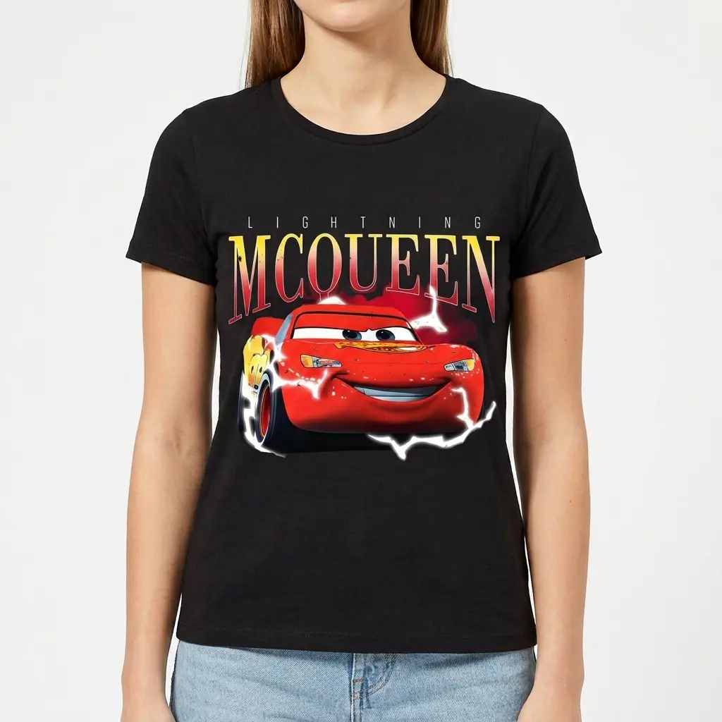 Detailed view of Lightning McQueen design on black T-shirt.