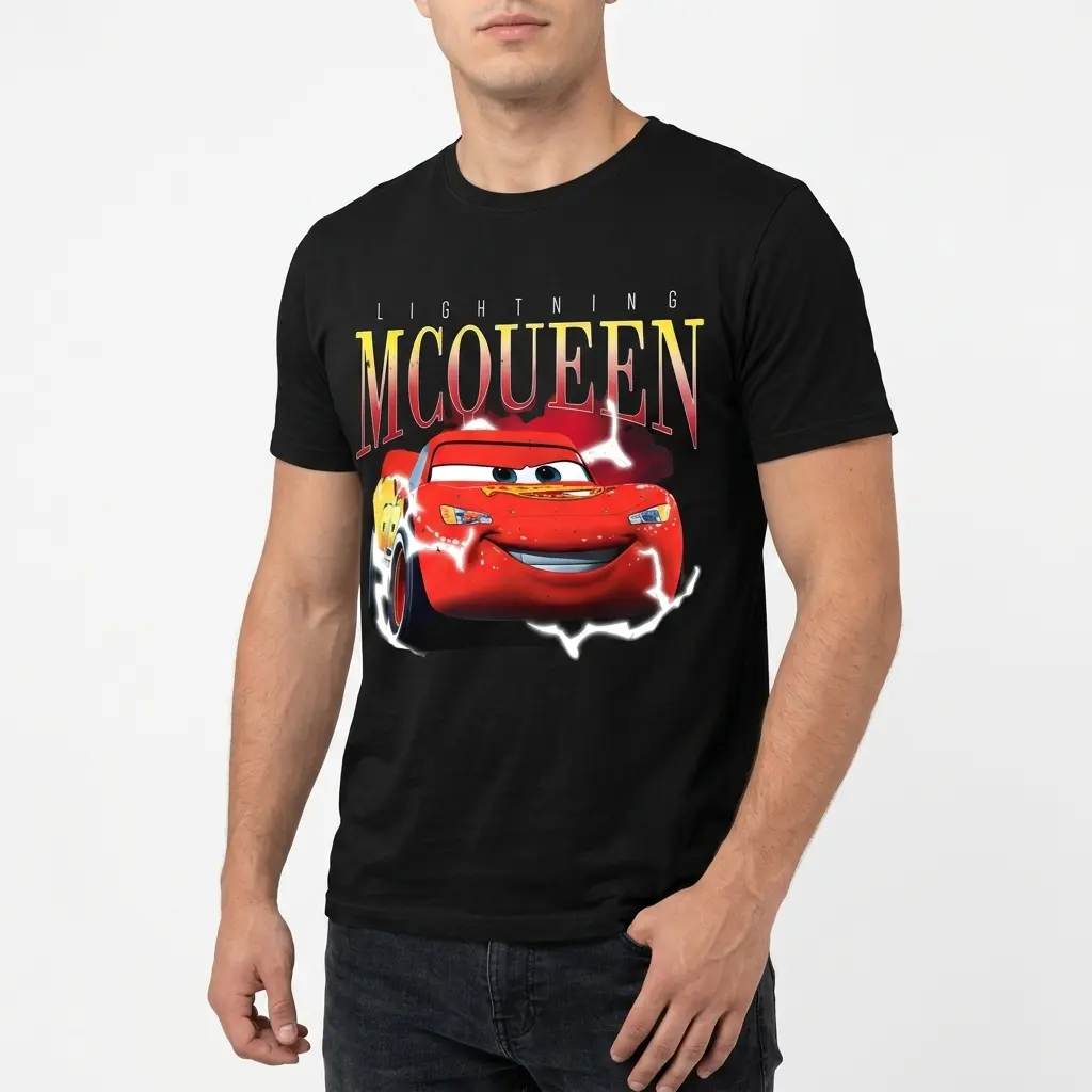 Close-up of Vintage Lightning McQueen graphic on T-shirt.
