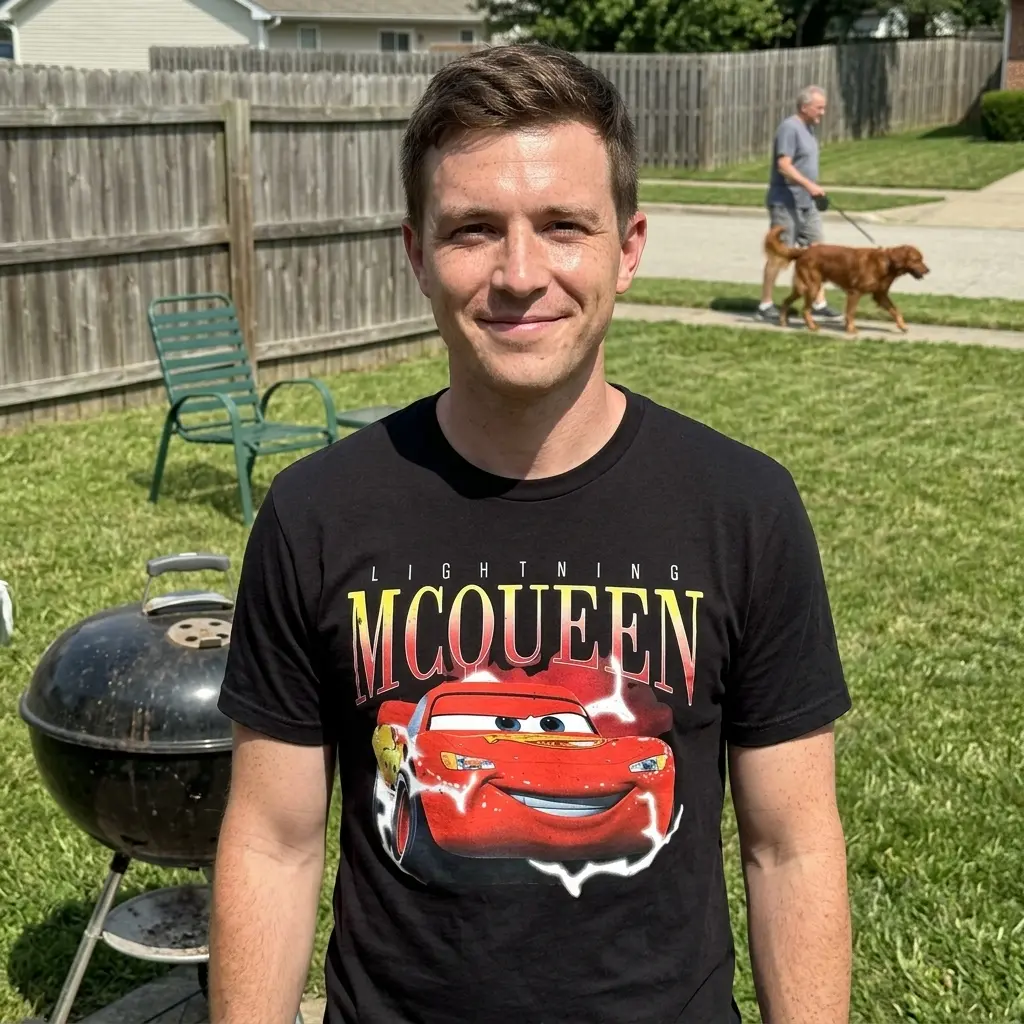 Person wearing the Lightning McQueen T-shirt in a casual setting.