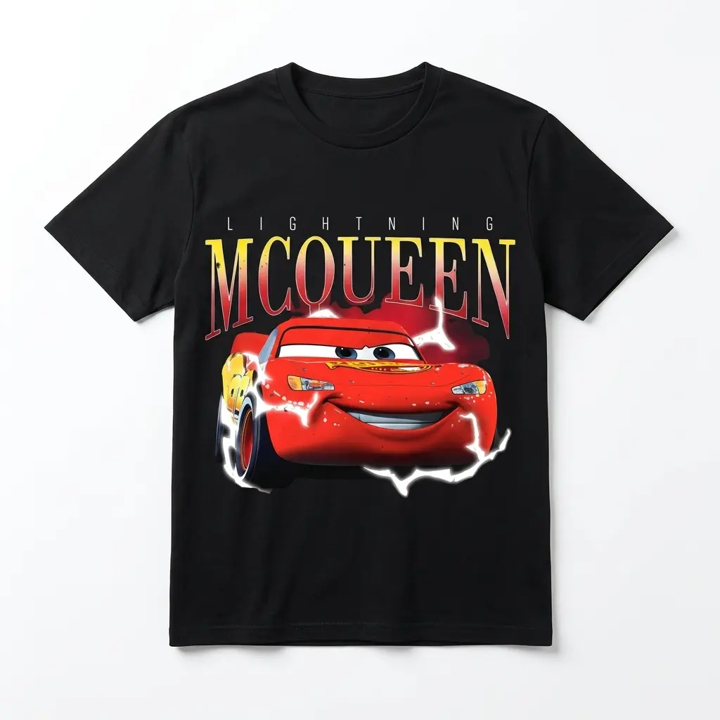 Black T-shirt with Lightning McQueen graphic from Cars movie.