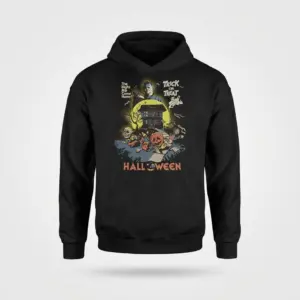 Vintage Michael Myers Halloween Horror Movie T-Shirt 7 Black hoodie flat lay with a retro graphic featuring Michael Myers, a spooky ghost, "TRICK or TREAT" text, and scattered Halloween candy.