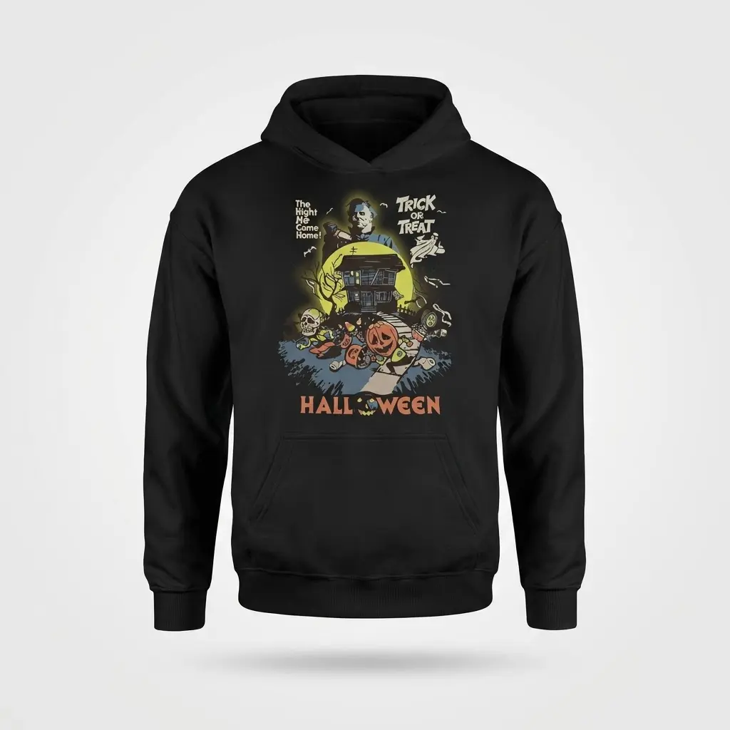 Vintage Michael Myers Halloween Horror Movie T-Shirt 2 Black hoodie flat lay with a retro graphic featuring Michael Myers, a spooky ghost, "TRICK or TREAT" text, and scattered Halloween candy.