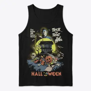 Vintage Michael Myers Halloween Horror Movie T-Shirt 8 Black tank top flat lay displaying a vintage horror graphic with Michael Myers over a haunted house, a skull, and "The Night He Came Home!" text.