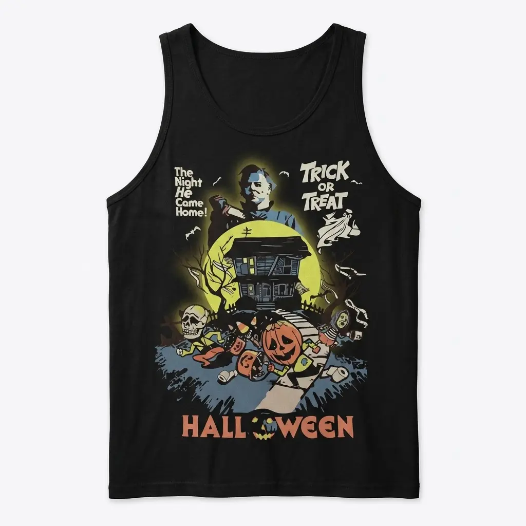 Vintage Michael Myers Halloween Horror Movie T-Shirt 3 Black tank top flat lay displaying a vintage horror graphic with Michael Myers over a haunted house, a skull, and "The Night He Came Home!" text.