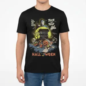 Vintage Michael Myers Halloween Horror Movie T-Shirt 9 Front view of a man wearing a black t-shirt, showcasing the vintage Michael Myers Halloween graphic with a full moon and "HALLOWEEN" text.