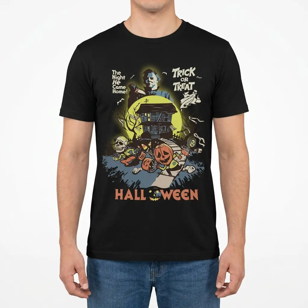 Vintage Michael Myers Halloween Horror Movie T-Shirt 4 Front view of a man wearing a black t-shirt, showcasing the vintage Michael Myers Halloween graphic with a full moon and "HALLOWEEN" text.