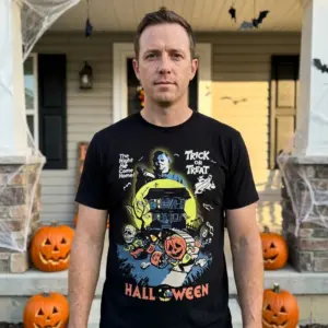 Vintage Michael Myers Halloween Horror Movie T-Shirt 10 A black t-shirt showcasing the vintage Michael Myers design, a blend of spooky nostalgia and playful trick-or-treat elements for Halloween.