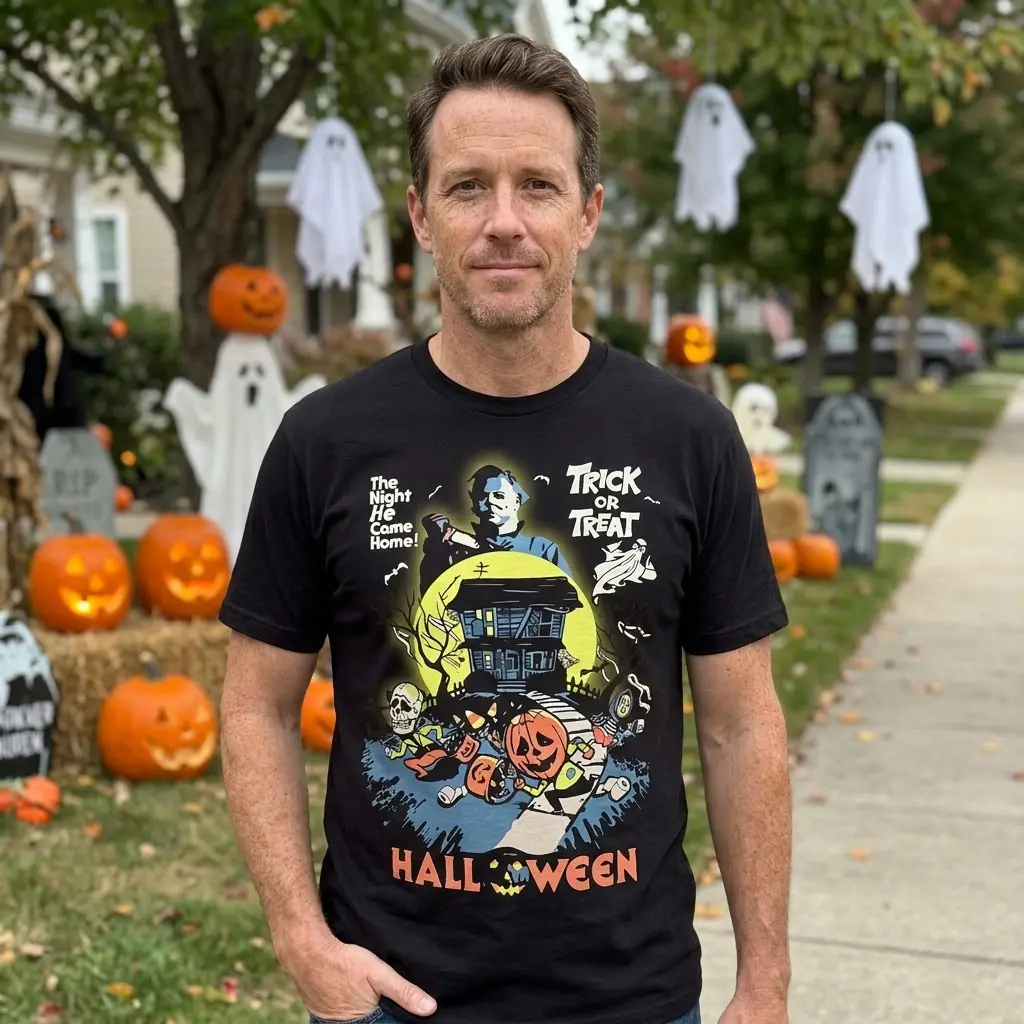 Vintage Michael Myers Halloween Horror Movie T-Shirt 6 Michael Myers Halloween horror movie graphic on a black t-shirt, evoking a classic slasher poster feel, perfect for fans of bold seasonal tees.