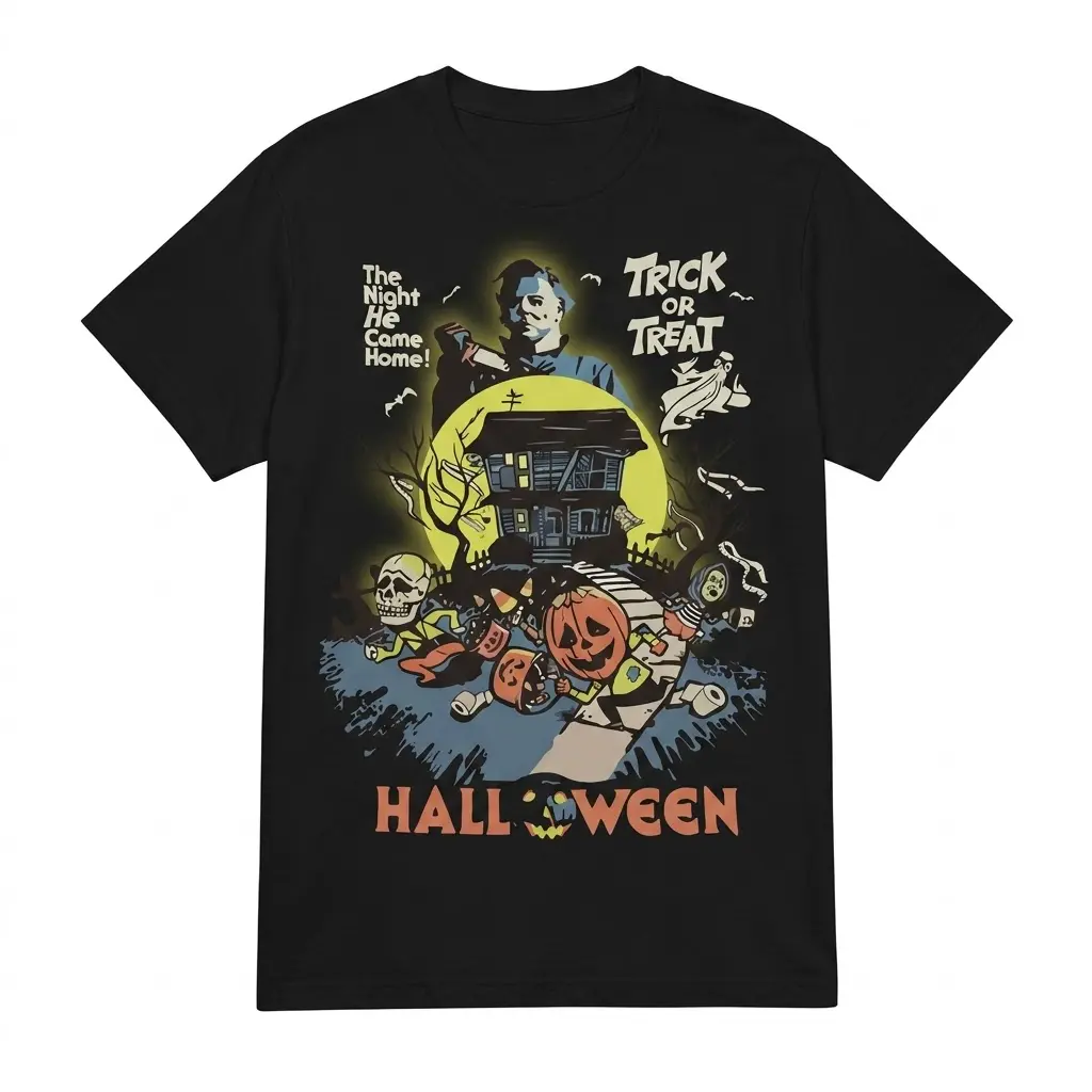 Vintage Michael Myers Halloween Horror Movie T-Shirt 1 Black t-shirt flat lay showing a vintage Michael Myers Halloween horror graphic with a haunted house, full moon, and trick-or-treat elements.