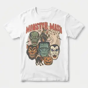 Monster Mash Halloween shirt featuring a vintage graphic of classic horror monsters printed on a white t-shirt flat lay.