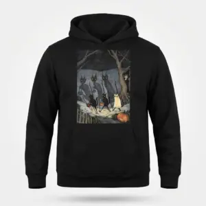 Vintage Spooky Cats Trick or Treating T-Shirt 7 Front flat lay view of a black hoodie featuring vintage illustration of trick-or-treating black cats in a dark forest.