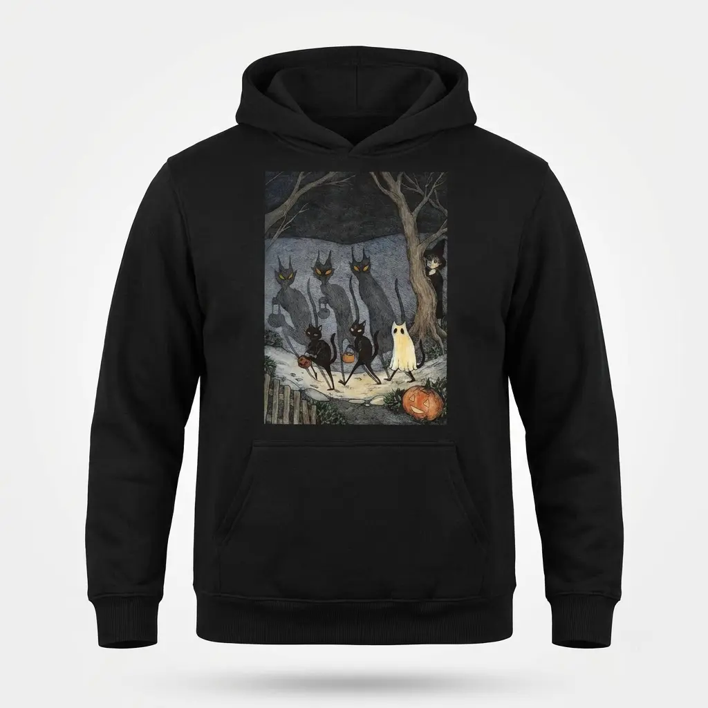Vintage Spooky Cats Trick or Treating T-Shirt 2 Front flat lay view of a black hoodie featuring vintage illustration of trick-or-treating black cats in a dark forest.