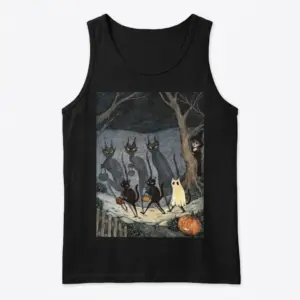 Vintage Spooky Cats Trick or Treating T-Shirt 8 Front view of a black tank top displaying vintage spooky cats and Halloween shadows illustration.