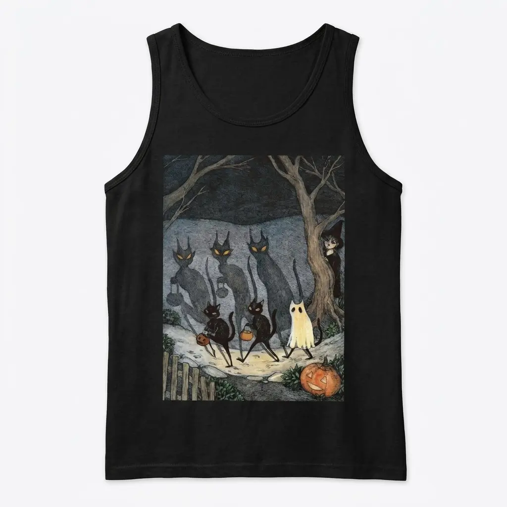 Vintage Spooky Cats Trick or Treating T-Shirt 3 Front view of a black tank top displaying vintage spooky cats and Halloween shadows illustration.