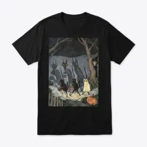Vintage spooky cats Halloween design featuring trick-or-treating cats and shadow figures on a black flat lay t-shirt.