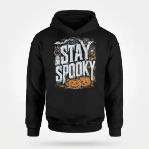 Vintage Stay Spooky Halloween Graphic T-Shirt 7 Black hoodie showcasing the 'STAY SPOOKY' Halloween design with bats, a spider, and multiple jack-o'-lanterns, shown as a front flat lay.