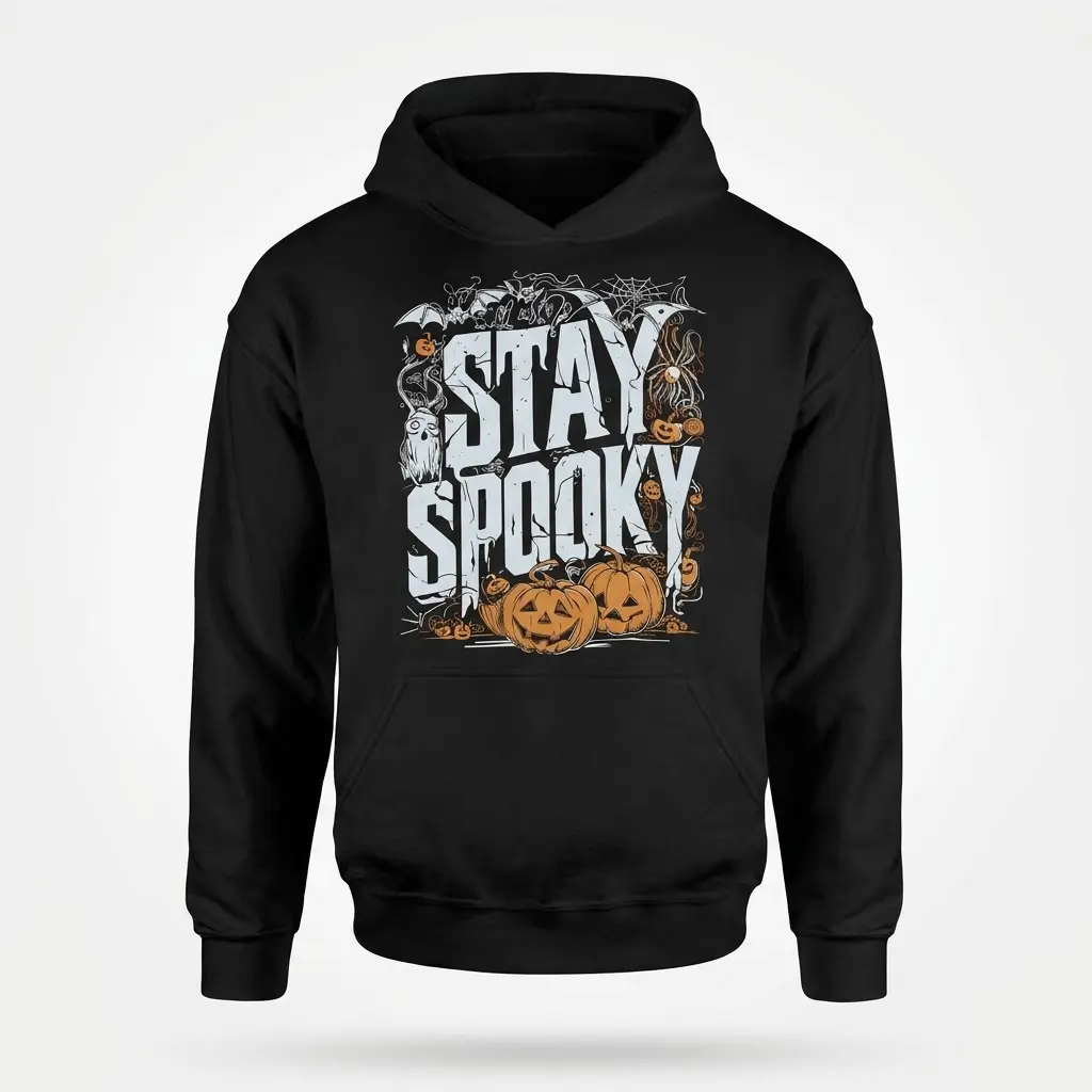 Vintage Stay Spooky Halloween Graphic T-Shirt 2 Black hoodie showcasing the 'STAY SPOOKY' Halloween design with bats, a spider, and multiple jack-o'-lanterns, shown as a front flat lay.