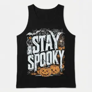 Vintage Stay Spooky Halloween Graphic T-Shirt 8 Black tank top displaying the playful 'STAY SPOOKY' slogan, accented with spooky bats, spiderwebs, and pumpkins, on a front flat lay.