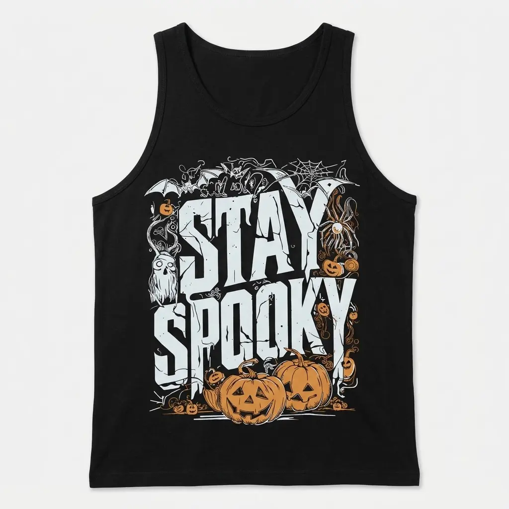 Vintage Stay Spooky Halloween Graphic T-Shirt 3 Black tank top displaying the playful 'STAY SPOOKY' slogan, accented with spooky bats, spiderwebs, and pumpkins, on a front flat lay.
