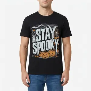 Vintage Stay Spooky Halloween Graphic T-Shirt 9 Front view of a man wearing a black t-shirt with the 'STAY SPOOKY' graphic, featuring bats, a ghost, a spider, and pumpkins.