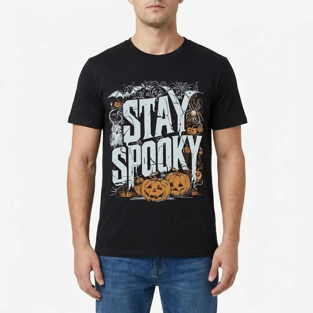 Vintage Stay Spooky Halloween Graphic T-Shirt 4 Front view of a man wearing a black t-shirt with the 'STAY SPOOKY' graphic, featuring bats, a ghost, a spider, and pumpkins.