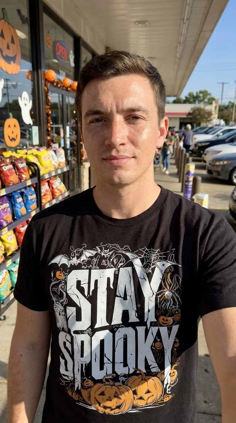 Vintage Stay Spooky Halloween Graphic T-Shirt 5 Black 'Stay Spooky Halloween' t-shirt laid flat, highlighting the detailed graphic of bats, a spider, ghost, and various pumpkins.