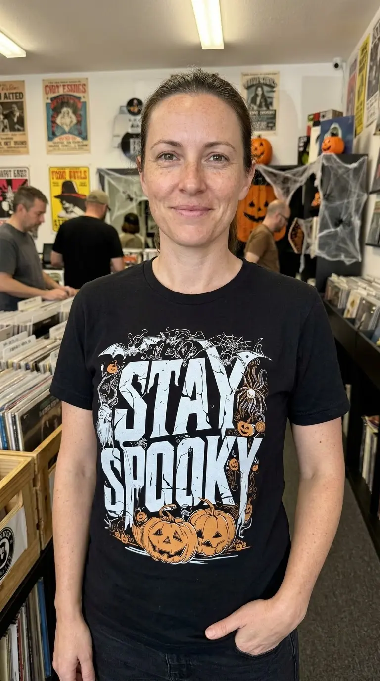 Vintage Stay Spooky Halloween Graphic T-Shirt 6 The front of a black t-shirt featuring a fun 'STAY SPOOKY' Halloween design with distressed text and surrounding spooky elements.