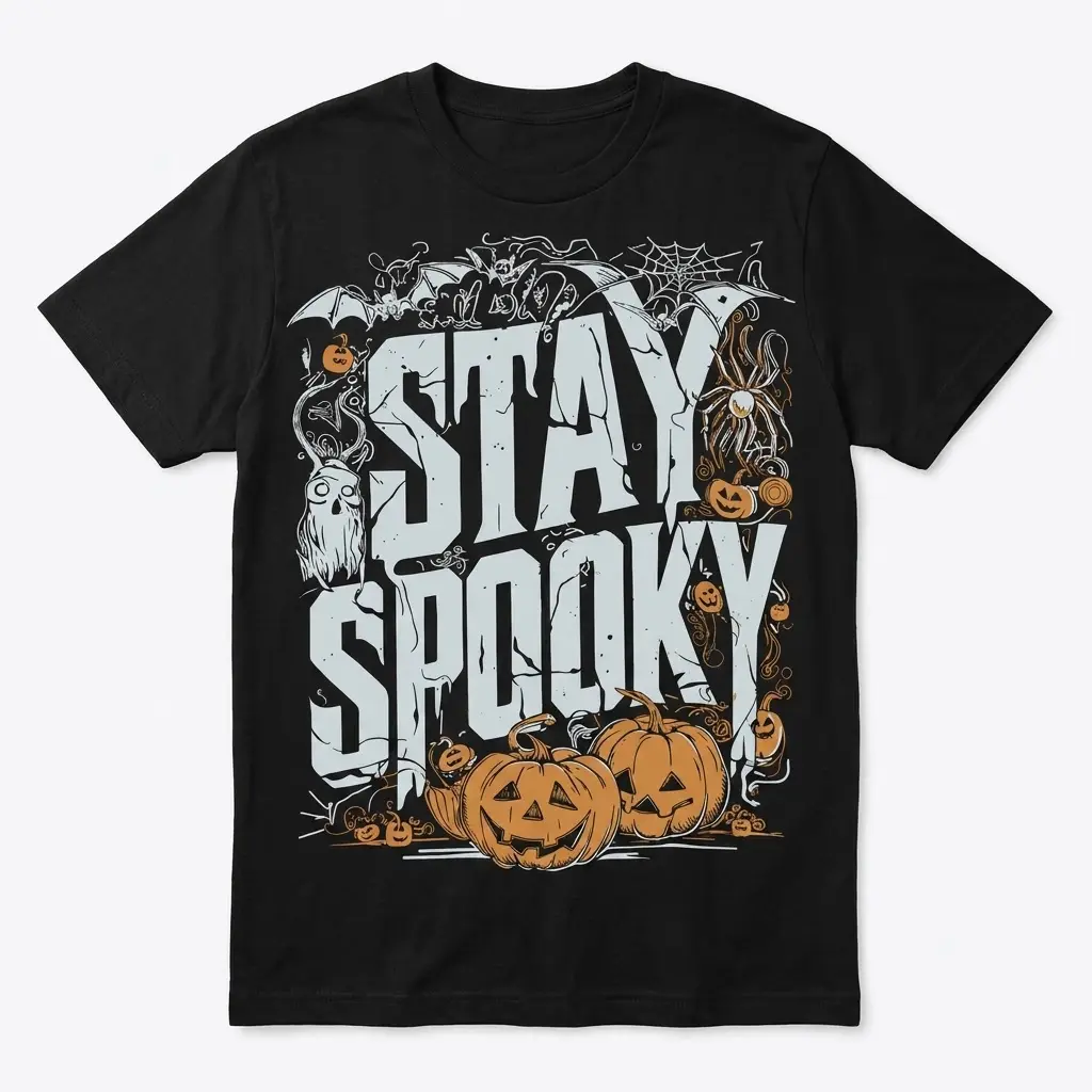 Vintage Stay Spooky Halloween Graphic T-Shirt 1 Black t-shirt featuring a 'STAY SPOOKY' graphic with bats, a spiderweb, a ghost, and carved pumpkins, presented in a front flat lay.