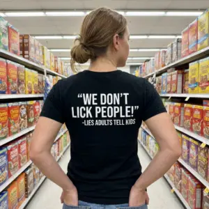 We Don't Lick People Funny Graphic T-Shirt 10 Lifestyle view of a funny parenting quote graphic tee styled casually