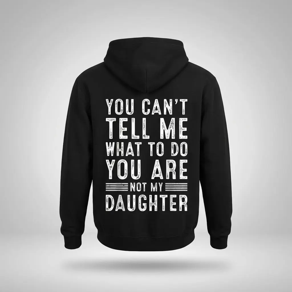Black hoodie back flat lay with the same sarcastic white text design about not taking orders.