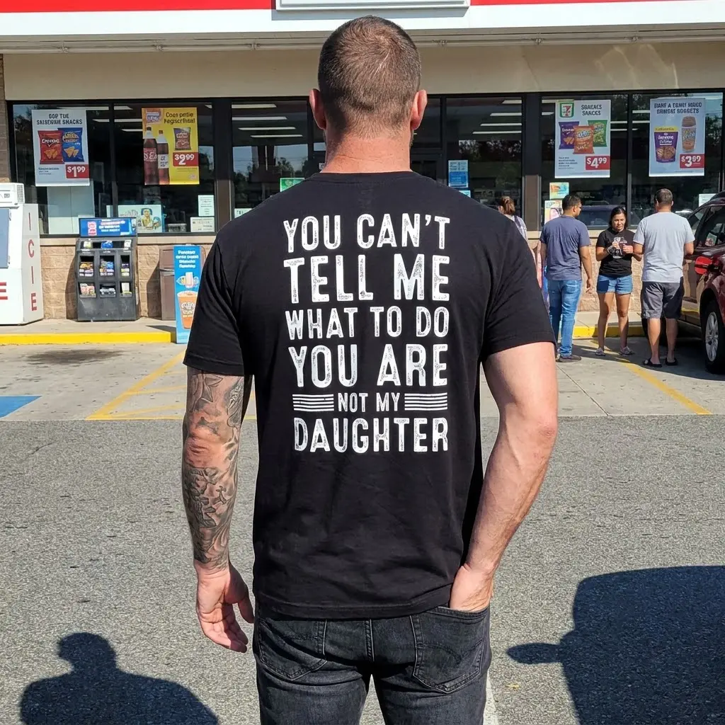 Lifestyle view of a black sarcastic graphic tee with large distressed white text across the back.