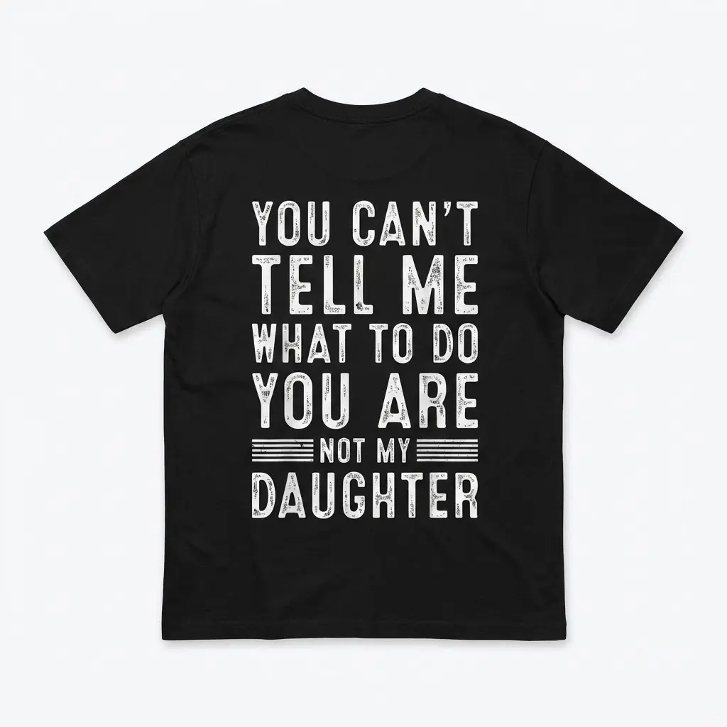 Black T-shirt back flat lay with distressed white text: You Can't Tell Me What To Do, You Are Not My Daughter.