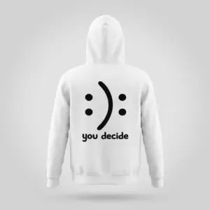 You Decide Happy Sad Optical Illusion T-Shirt 7 Back view flat lay of a white hoodie featuring the minimalist 'you decide' happy and sad face optical illusion design.