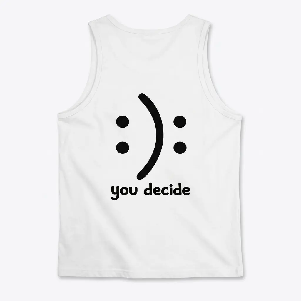 Flat lay of the back of a white tank top showing the black 'you decide' optical illusion graphic of a happy and sad face.
