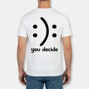 You Decide Happy Sad Optical Illusion T-Shirt 9 Rear view of a man wearing the white t-shirt with the minimalist 'you decide' happy-sad optical illusion print.