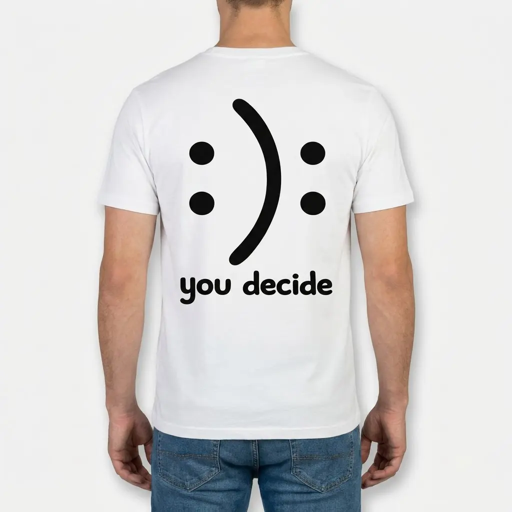Rear view of a man wearing the white t-shirt with the minimalist 'you decide' happy-sad optical illusion print.