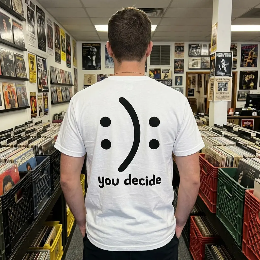 A lifestyle shot showing the back of the 'you decide' t-shirt with its unique happy-sad optical illusion face design.