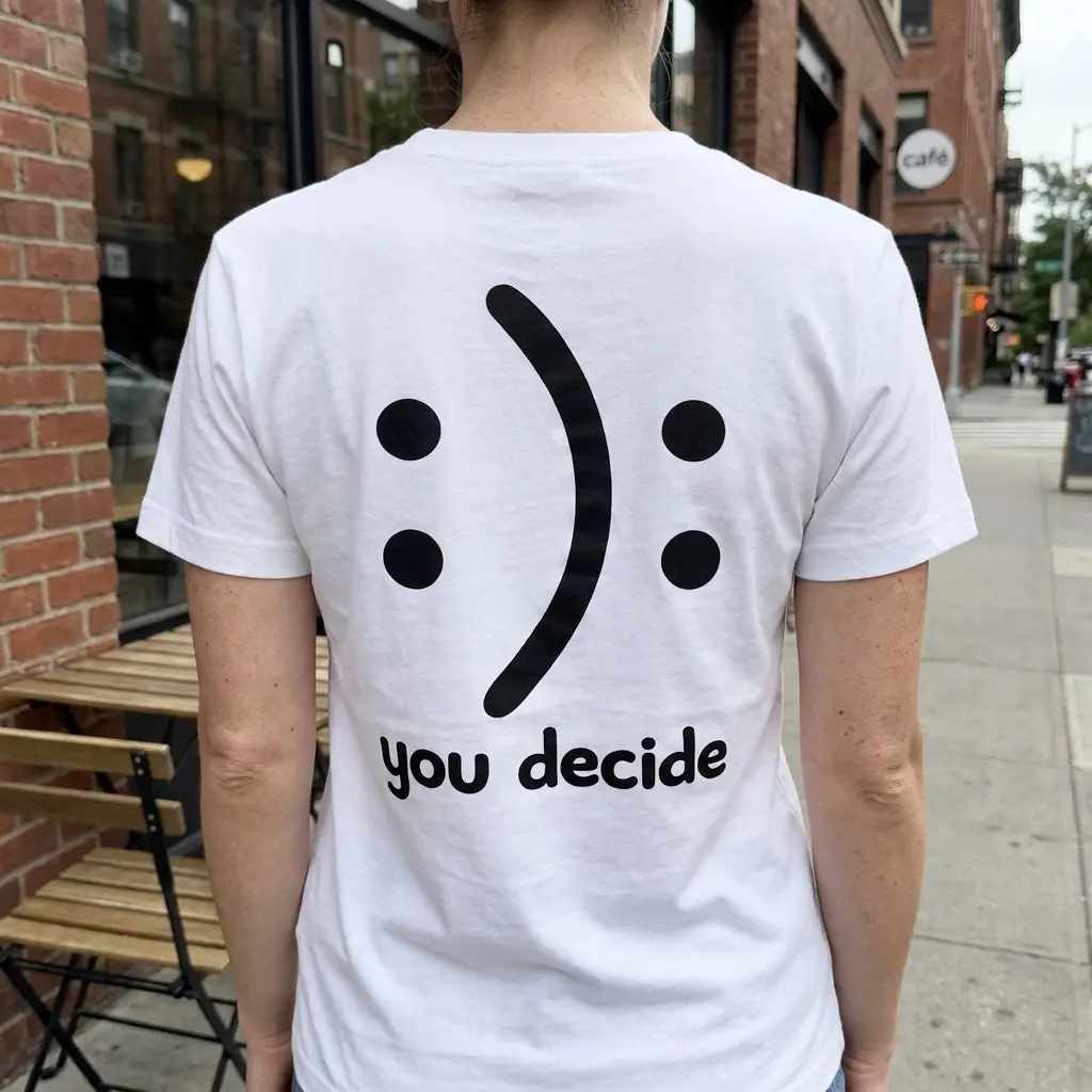 A person wearing the white t-shirt with the 'you decide' happy-sad optical illusion graphic on the back in a casual setting.