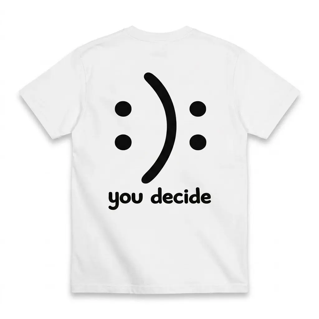 Flat lay of the back of a white t-shirt featuring the 'you decide' happy-sad face optical illusion printed in black.