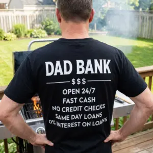 Dad Bank Funny Father Graphic T-Shirt 10 Lifestyle setting showcasing the humorous Dad Bank graphic shirt design.