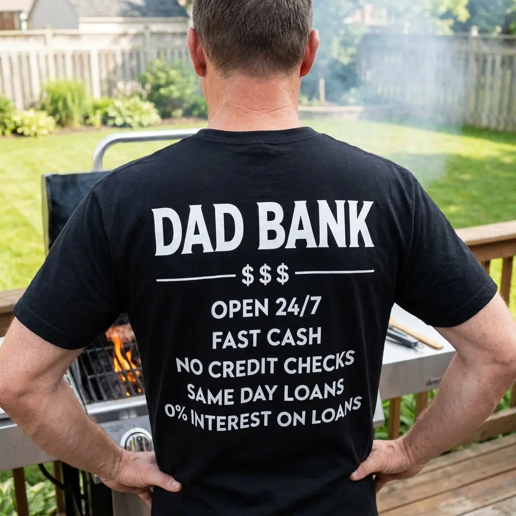 Dad Bank Funny Father Graphic T-Shirt 5 Lifestyle setting showcasing the humorous Dad Bank graphic shirt design.